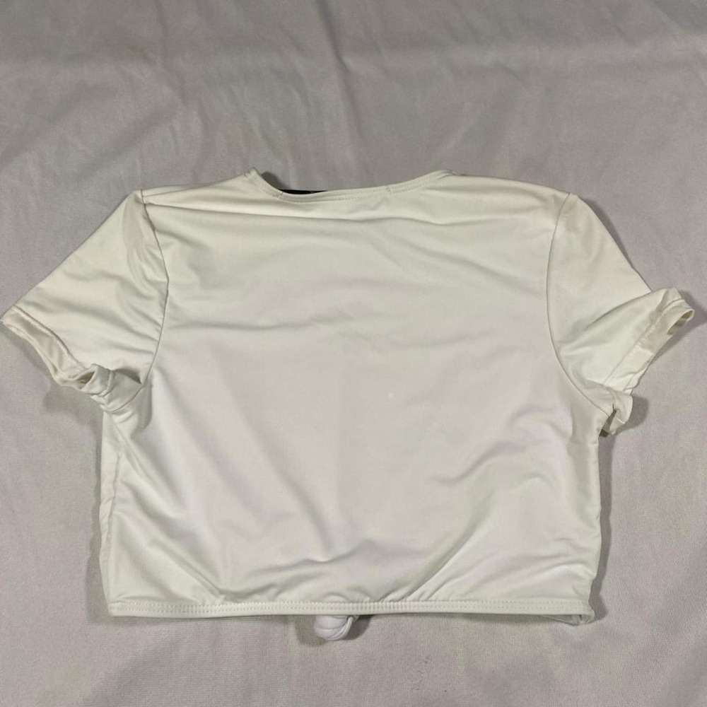 PLAYBOY Navy White Crop Swim Top Tie‎ Front Graphic Logo Short Sleeve Women's - Picture 3 of 3